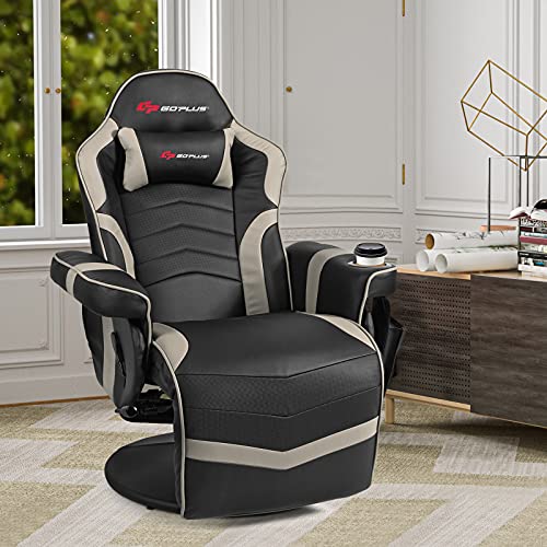 POWERSTONE Gaming Recliner Massage Gaming Chair with Footrest Ergonomic PU Leather Single Sofa with Cup Holder Headrest and Side Pouch, Adjustable Living Room Chair Seating, Black