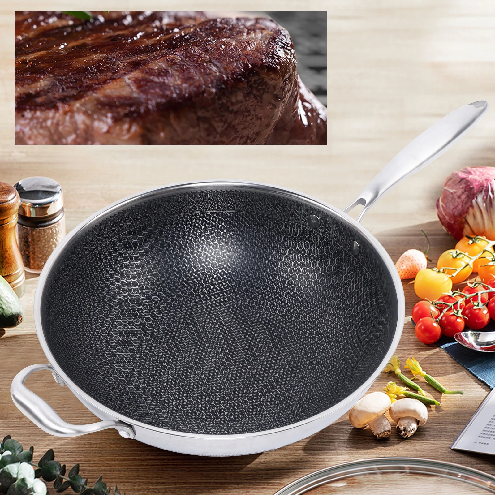 Loyalheartdy 13In Nonstick Pot Stainless Steel Double Sided Honeycomb Coating Frying Pan with Glass Lid for Home Kitchen