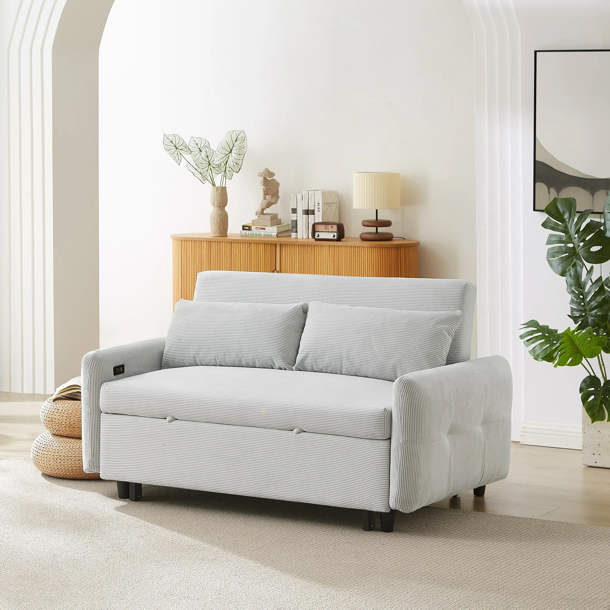 Modern Design 2-Seater Pull-Out Sofa Bed, 3-Stage Adjustable Backrest, USB Port, Comes with Double Pillows, Reclining Sofa, Suitable for Living Room, Bedroom, Office, Movie Room