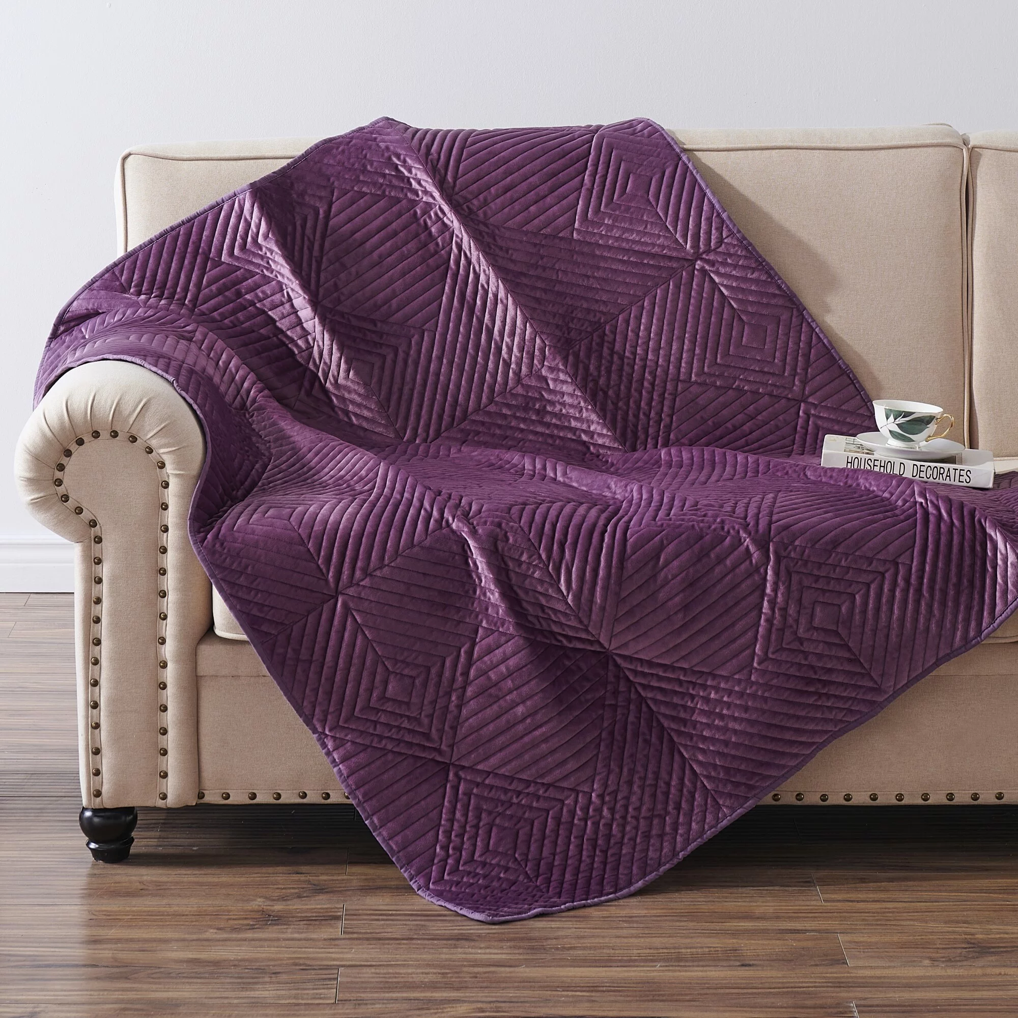 Barefoot Bungalow  Riviera Velvet Quilted Modern Throw Blanket Mauive