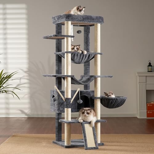 Heybly Cat Tree for Indoor Cats Large Adult with Big Platform, 68.1-inch Tall Cat Tower with Sisal-Covered Scratching Posts, Multi-Level Cat Condo Furniture with Hammocks, Smoky Gray HCT035G