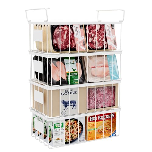 3 Pack Stackable Wire Storage Baskets With Tag, Freezer Organizer Bins for Most 7 Cu.FT Freezer Sort Frozen Meats, Deep Freezer Organizer Bins with Handle Add Space Easy Reach, White