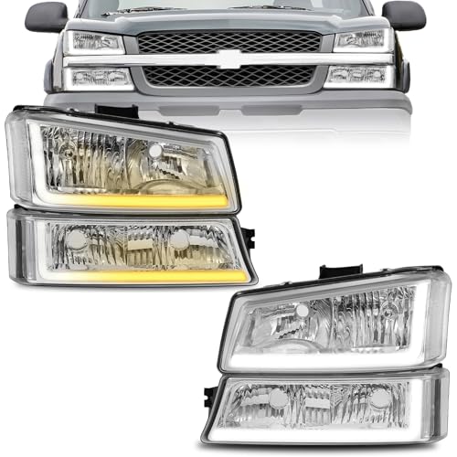 ELH No-Fogging Headlight Assembly W/LED DRL Sequential Turn Light Compatible With 03 04 05 06 Chevy Silverado Avalanche 1500 2500 3500/07 Classic Chrome Housing Clear Reflector