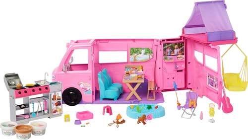 Barbie Dream Camper Playset with Roof Tent, Swing Chair, Fishing Pond, BBQ Grill with Color-Change Feature & 60+ Accessories Including Dough