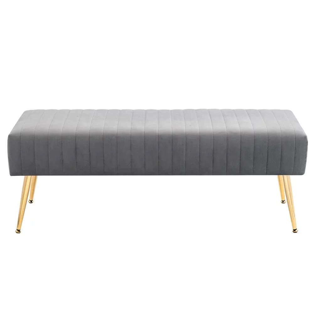44 Inch Bedroom Bench, Upholstered Tufted Striped Fabric Ottoman Bench With X-Shaped Metal Legs For Living Room, Solid Wood Indoor Bench For Foyer (Grey)