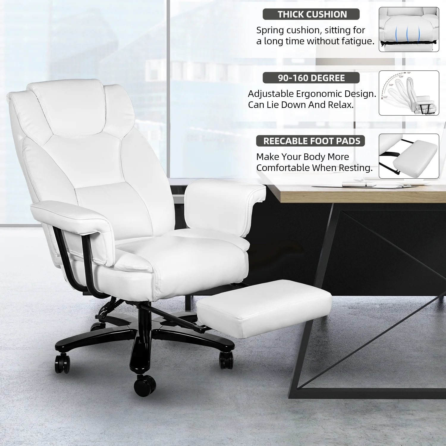 SeekFancy High Back Executive Office Chair, Ergonomic PU Leather Office Chair Heavy Duty Computer Desk Chair Reclining Office Chair with Footrest, White