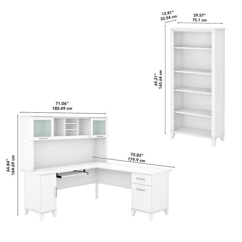 Pemberly Row 72W L Shaped Desk with Hutch & Bookcase in White - Engineered Wood