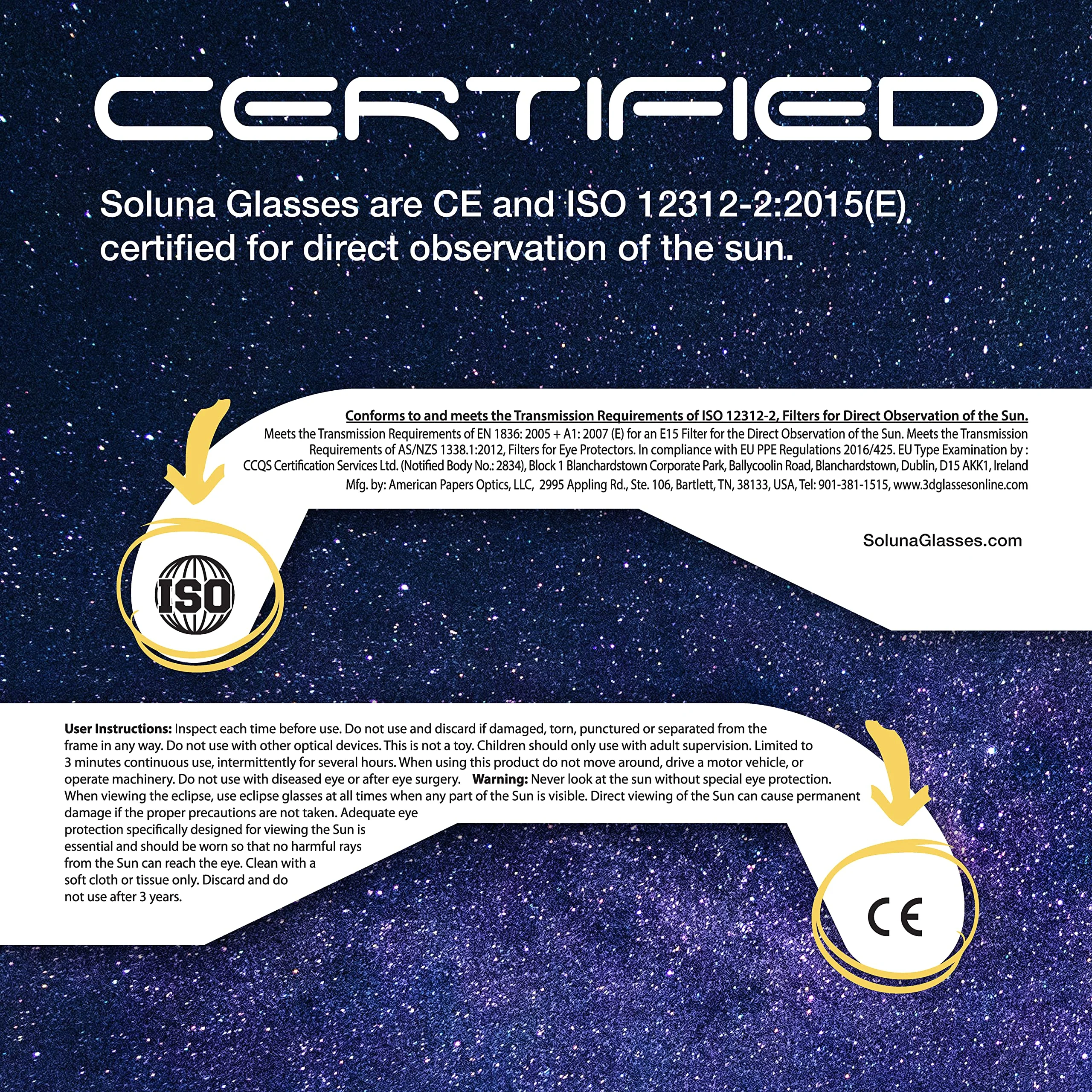 Soluna Solar Eclipse Glasses - CE and ISO Certified (2 Pack)