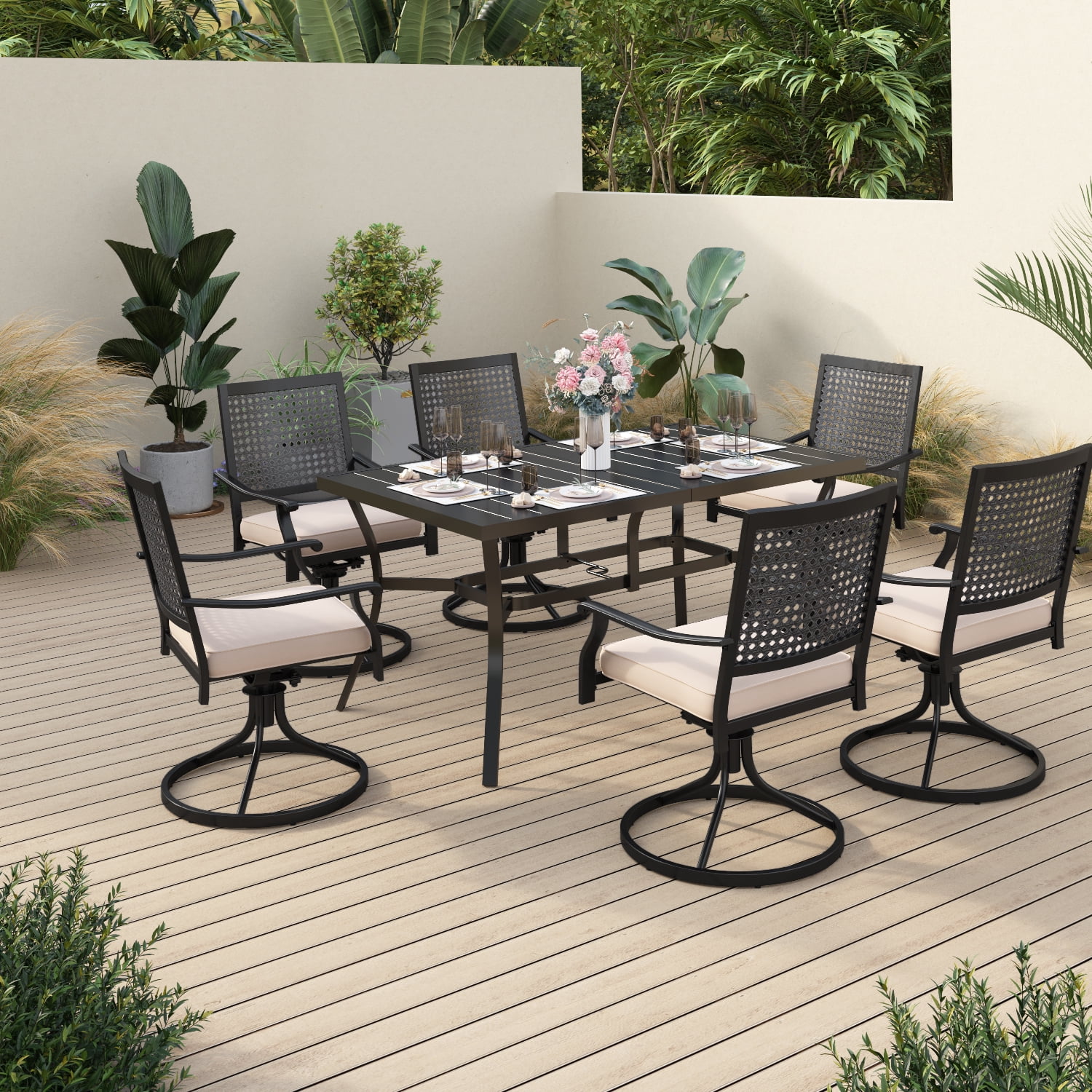 Sophia & William 7 Piece Outdoor Patio Dining Set 6 Cushioned Swivel Chairs and 60