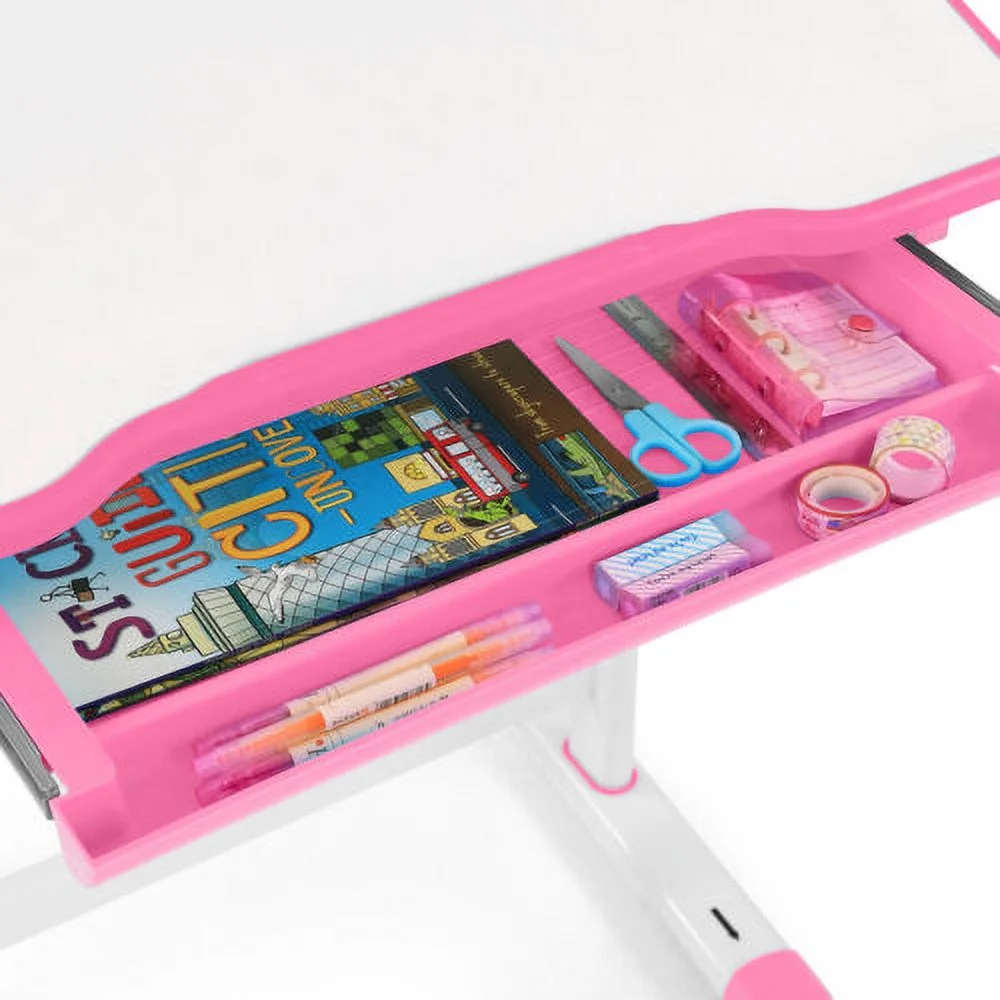 COSVALVE Height Adjustable Kids Study Desk & Chair Set Children Girl Table Large Writing Board Desk with LED Lamp,Drawer,Bookstand,Chair Cover(Pink)