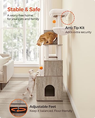 Feandrea Cat Tree with Litter Box Enclosure, 2-in-1 Modern Cat Tower, 70.8-Inch Tall Cat Condo with Scratching Posts, Perch, Caves, Basket, Washable Cushions, Heather Greige UPCT116G01