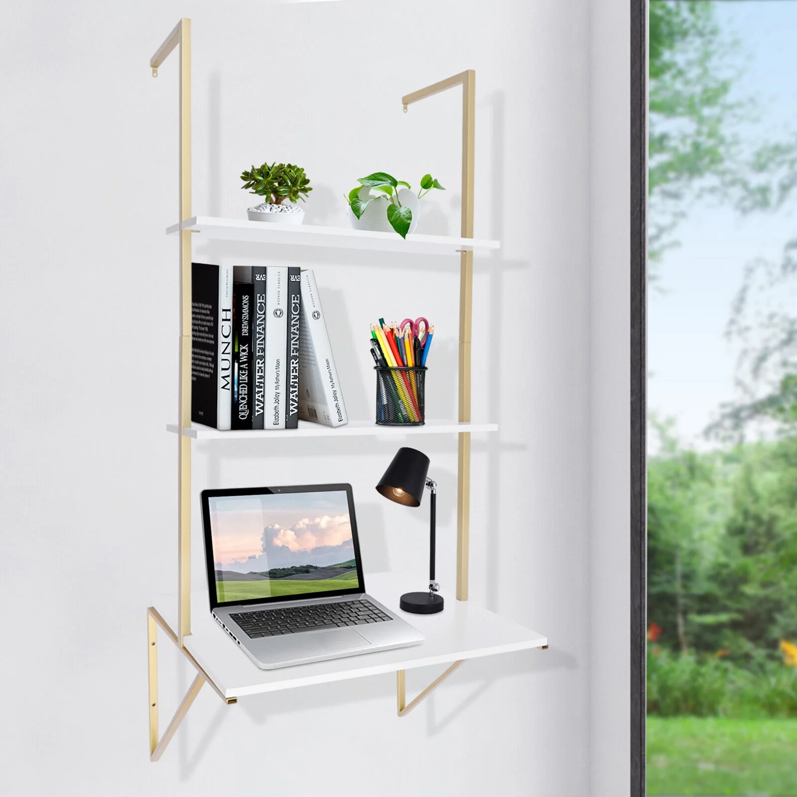 Wall-mounted Desk 3 Tier White Ladder Desk Max. Load: 20kg/44.09lbs W/Brackets 3-Tier Ladder Shelf Bookcase Bookshelf Drawers Wall Mount Living Room Bedroom Wall Mount Ladder Desk