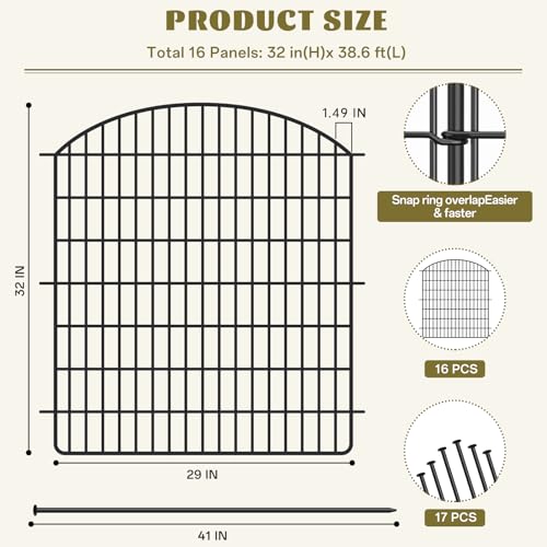 16 Panels No Dig Garden Fence with Gate, 32in x 38.6ft Decorative Dog Fence Outdoor for Yard, Tall Animal Barrier Fencing Rustproof Metal Garden Edging Border, Temporary Fencing for Outdoor, Patio