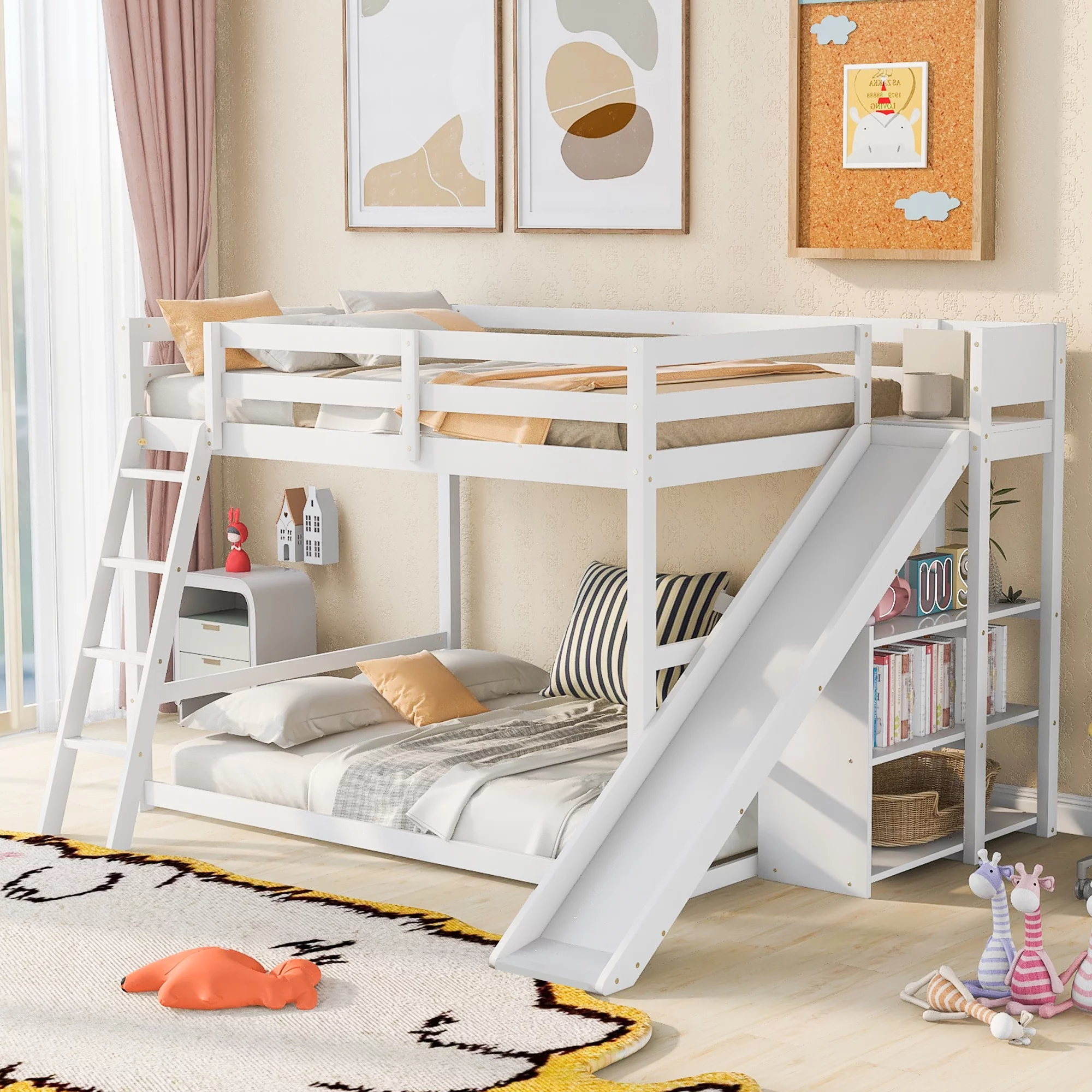 Bellemave Full Over Full Bunk Bed with Slide and Bookshelves, Solid Wood Full Size Floor Bunk Bed with Inclined Ladder, Bunk Loft Bed Frame for Kids Teen Girls Boys (White)
