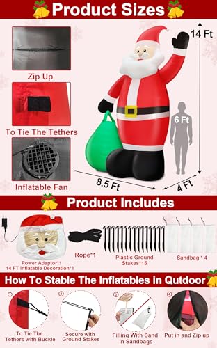 14 Ft by 8.5 Ft Giant Christmas Inflatable Santa Claus with Gift Bag Outdoor Decorations, Lighted Outside Standing Blow Up Santa Yard Decor for Lawn Garden Parties Holiday Xmas Decorations