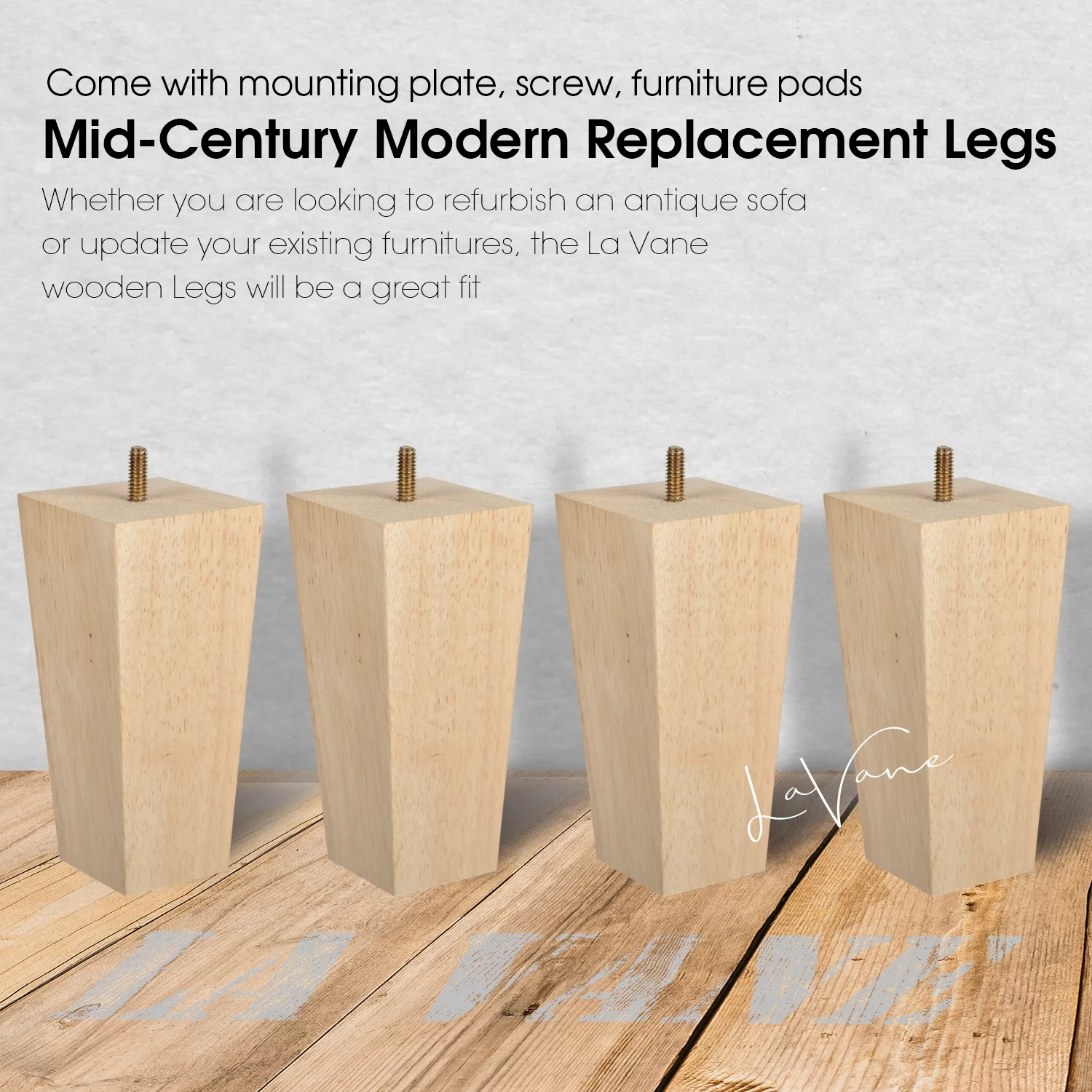 LAVANE 6 Inch / 15 cm Wooden Furniture Legs Set of 4 Mid-Century Modern Solid Wood Square Pyramid Unfinished Replacement Feet with 5/16