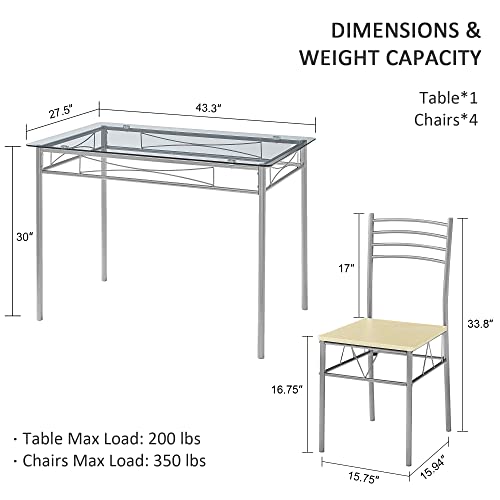 VECELO 5-Piece Kitchen Dining Table Set, Glasses Tabletop & Heavy-Duty Metel Frame, Rectangle Dinette with 4 Chairs for Small Space, Breakfast Nook, Glasses & Black
