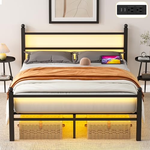 Full Size Bed Frame with Headboard and Footboard,Black Metal Platform Bed Frames with LED Lights and USB Charging Station,Heavy Duty Metal Slats,No Box Spring Needed,Sturdy&Noise Free