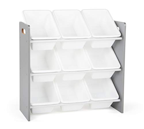 12-Bin Toy Organizer – White/Grey Gradient Ombre Frame with Chalkboard, Eraser & Chalk, Multi-Tier Storage for Kids' Playrooms and Nurseries