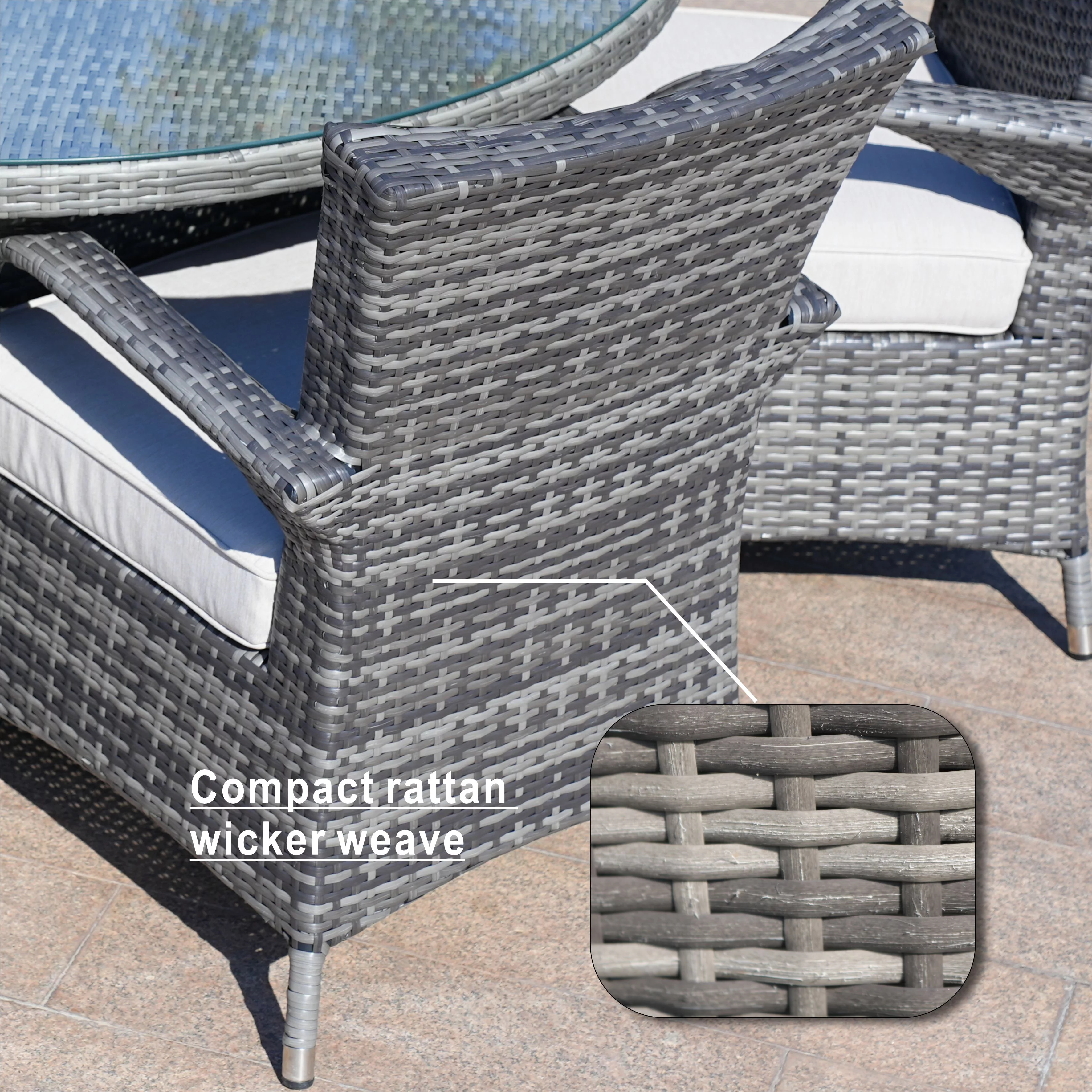 Direct Wicker 7 Piece Patio Dining Set with Rattan Chairs and Cushions, Grey