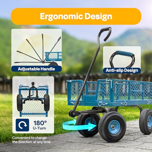 VIVOHOME Heavy Duty 880 Lbs Capacity Mesh Steel Garden Cart Folding Utility Wagon with Removable Sides and 4.10/3.50-4