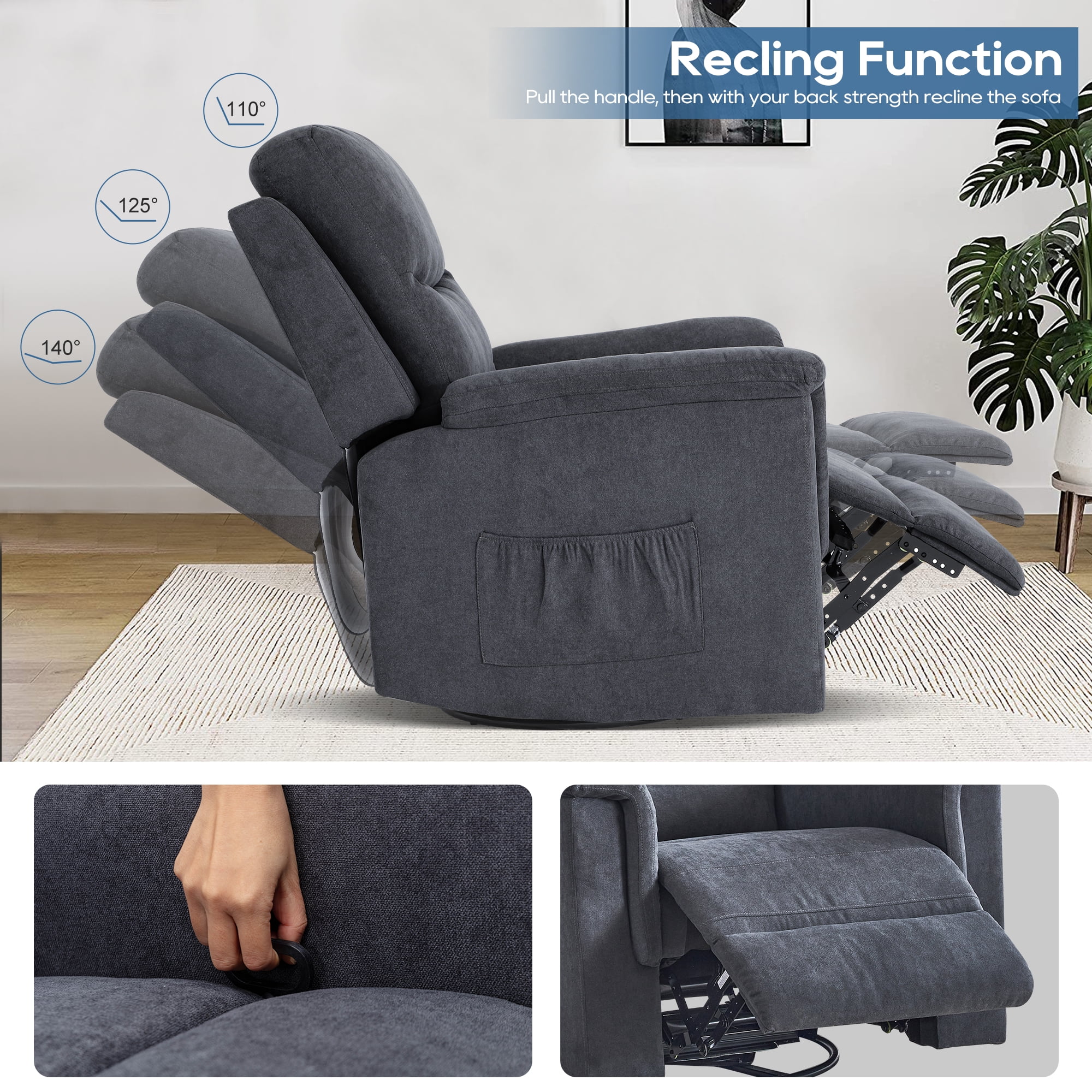 LVUYOYO Swivel Rocker Recliner Chair, Recliner Chair for Adults, Velvet Manual Rocking Chair with 360°Swivel and 30°Rocker, Rocking Chair Nursery Recliners for Living Room,Grey