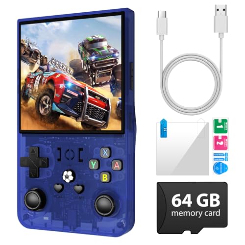 R36 Max Retro Gaming Console, Retro Handheld Console 4.0'' Screen Linux System, 64G TF Card, Support 30+ Simulators, 4000mAh Rechargeable Portable Pocket Arcade, Blue