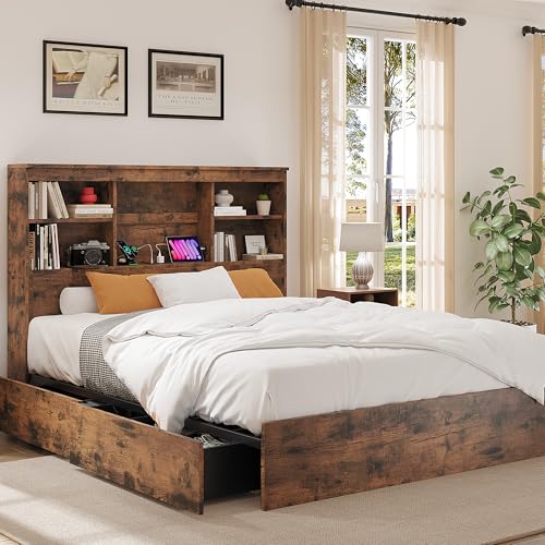 GarveeHome Full Size Bed Frame with High Storage Bookcase Headboard, Wood Bed Frame with 4 Storage Drawers, Built in Charging Station,No Box Spring Needed, Metal Frame, Noise-Free, Vintage Brown