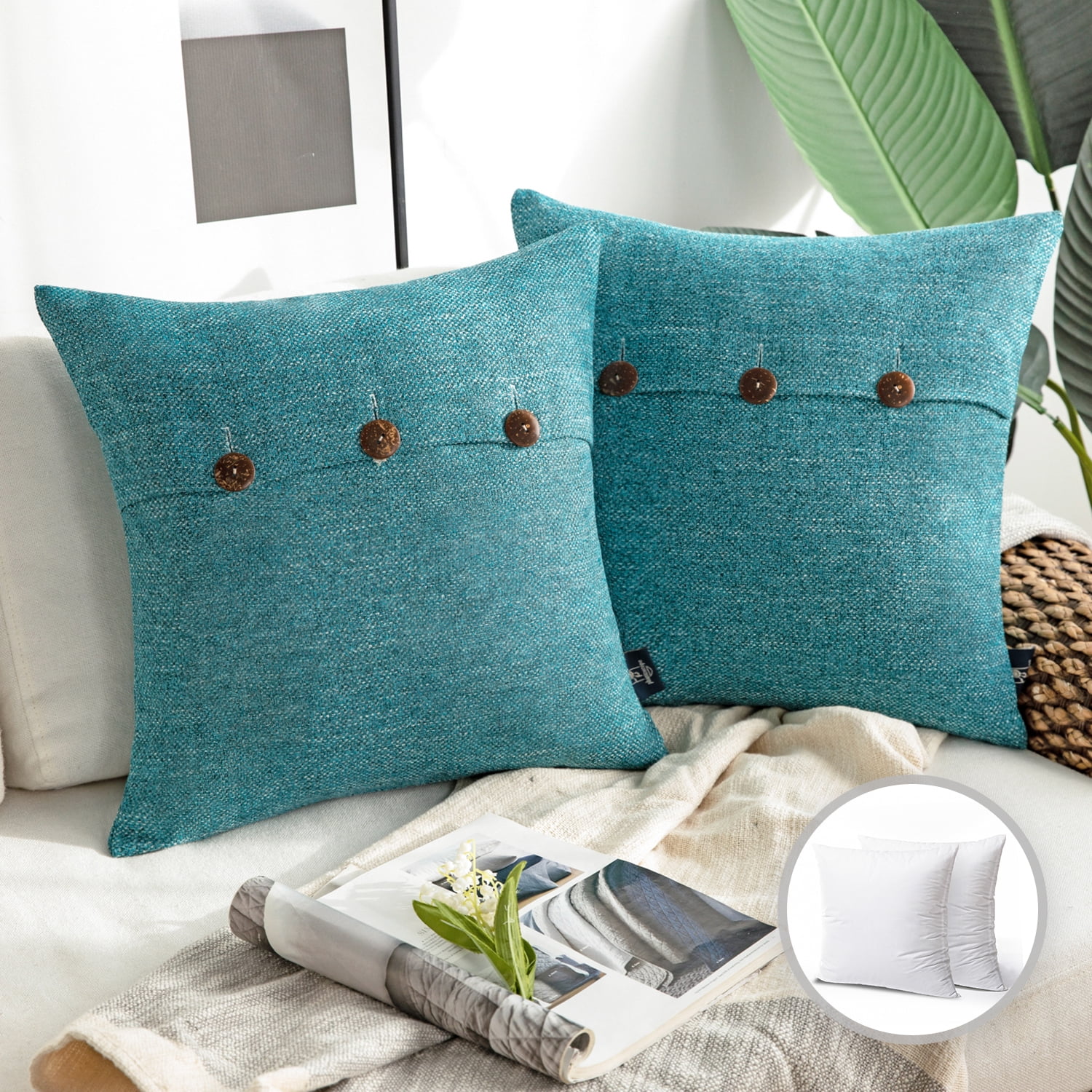 Phantoscope Triple Buttons Cotton Blend Series Farmhouse Square Decorative Throw Pillow Cusion for Couch, 20