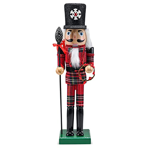 Ornativity Christmas Buffalo Plaid Nutcracker – Red and Black Wooden Nutcracker Soldier with an Acorn Staff and Holly Berries Wreath Xmas Themed Holiday Nut Cracker Doll Figure Decorations 15