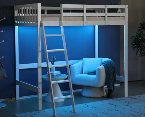 VINGLI Twin Loft Bed with L-Shaped Desk and 3 Storage Drawers, Solid Wood Single Bunk Gamer Bed with RGB LED Light Underneath,2 Charging Stations, White