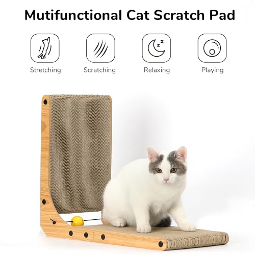 FUKUMARU Cat Scratcher, 26.8 Inch L Shape Cat Scratch Pad Wall Mounted, Cat Scratching Cardboard with Ball Toy for Indoor Cats, Large Size