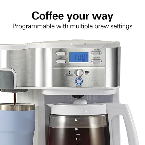 Hamilton Beach 49933 2-Way 12 Cup Programmable Drip Coffee Maker & Single Serve Machine, Glass Carafe, Auto Pause and Pour, White
