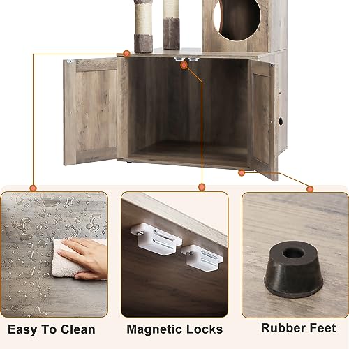 Cat Tree Tower with Litter Box Enclosure, 2-in-1 Wooden Cat Condo with Sisal Scratching Post, Hammock, Brown