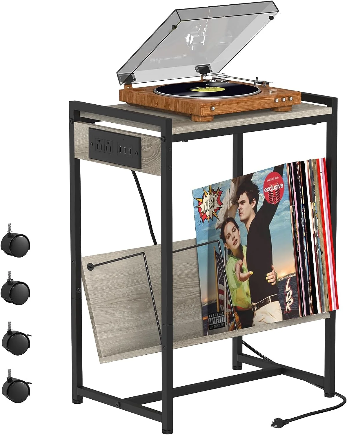 2-Tier End Table Record Player Stand with Charging Station and Vinyl Storage Shelf, Gray