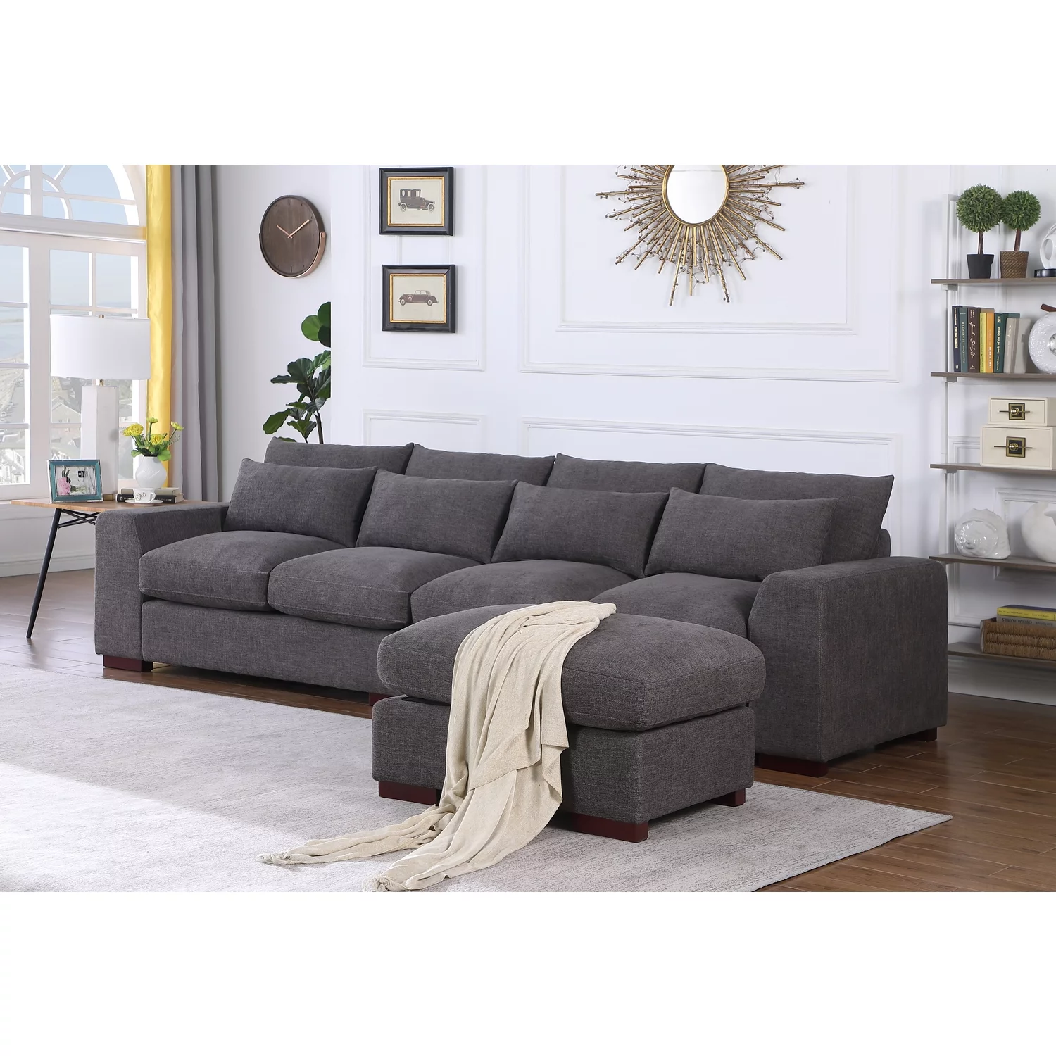 Devion Furniture 123.24'' Fabric Square Arm Modular Reversible Sectional Sofa & Ottoman-Dark Gray