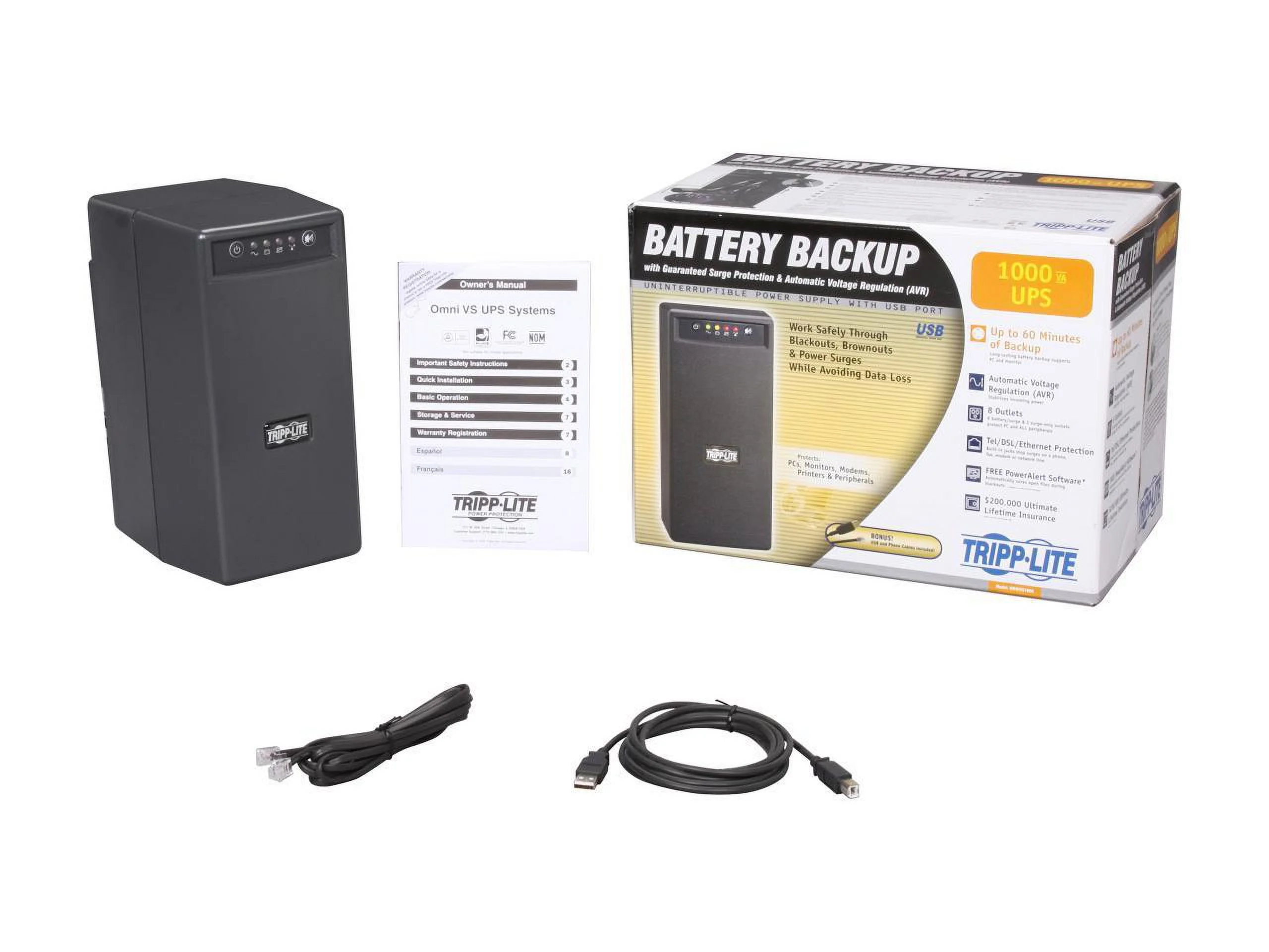 Tripp Lite UPS 1000VA 500W Battery Back Up Tower AVR 120V USB RJ45 Tower - 4 Hour Recharge - 3.50 Minute Stand-by - 110 V AC Input - 120 V AC Output - 2 x NEMA 5-15R, 6 x NEMA 5-15R