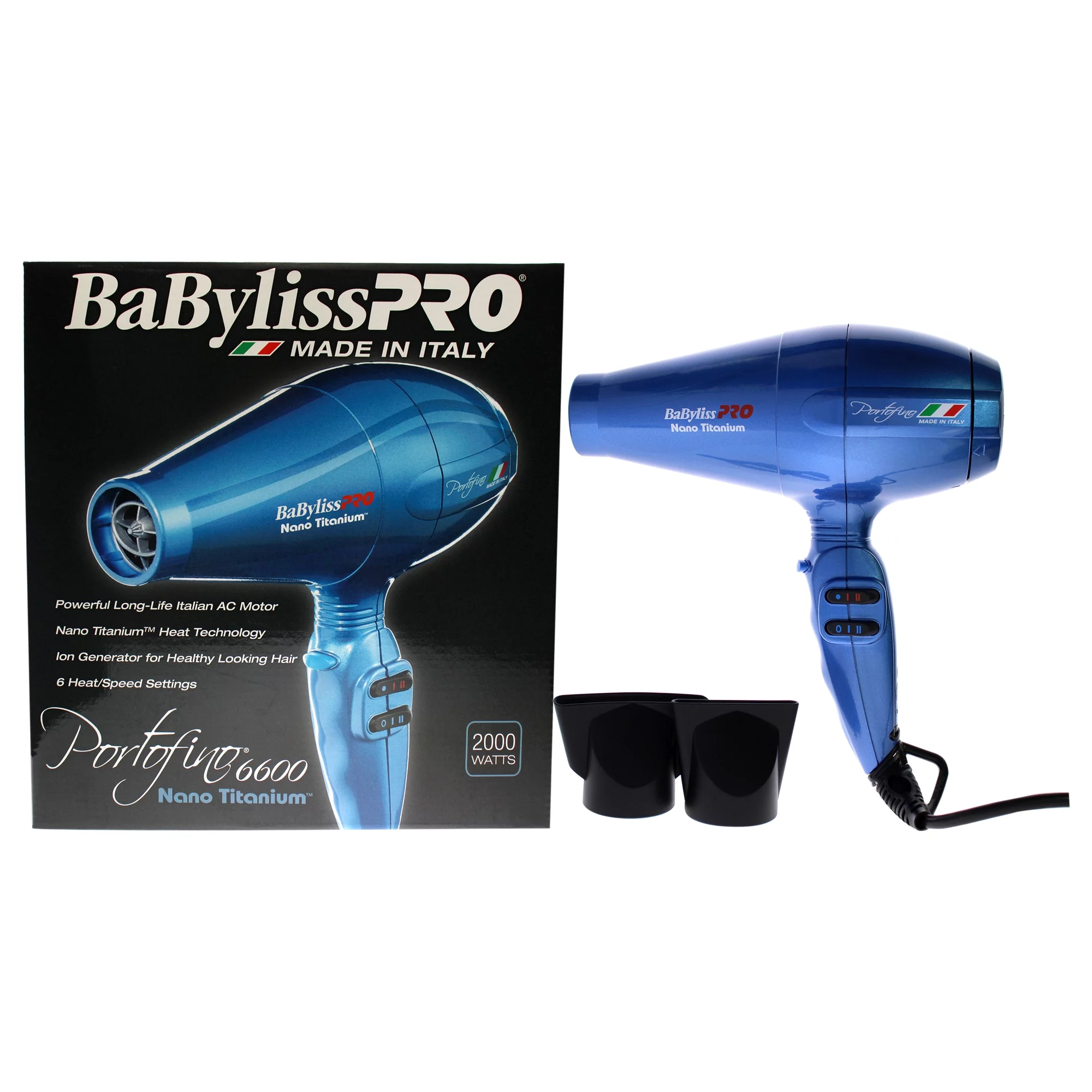 BaBylissPRO Nano Titanium Portofino Full-Size Ionic Hair Dryer, 2000 Watts, Blue