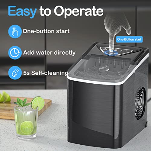SPECILITE Ice Makers Countertop, Compact Counter Machine, Self Cleaning, 26L/24H, 9 Ice Cubes S/L Pellet in 6-8 Mins, Portable Icemaker with Pouch/Bag/Scoop/Basket for Home Kitchen Office Bar (Black)