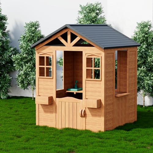 All Spruce Outdoor Kids Playhouse, Toddler Playhouse Wooden Playhouse for Kids Ages 3-10, with Sink, Stove, Flower Pot Holders, Phone, Kitchen with Food Kitchenware Tableware, 42