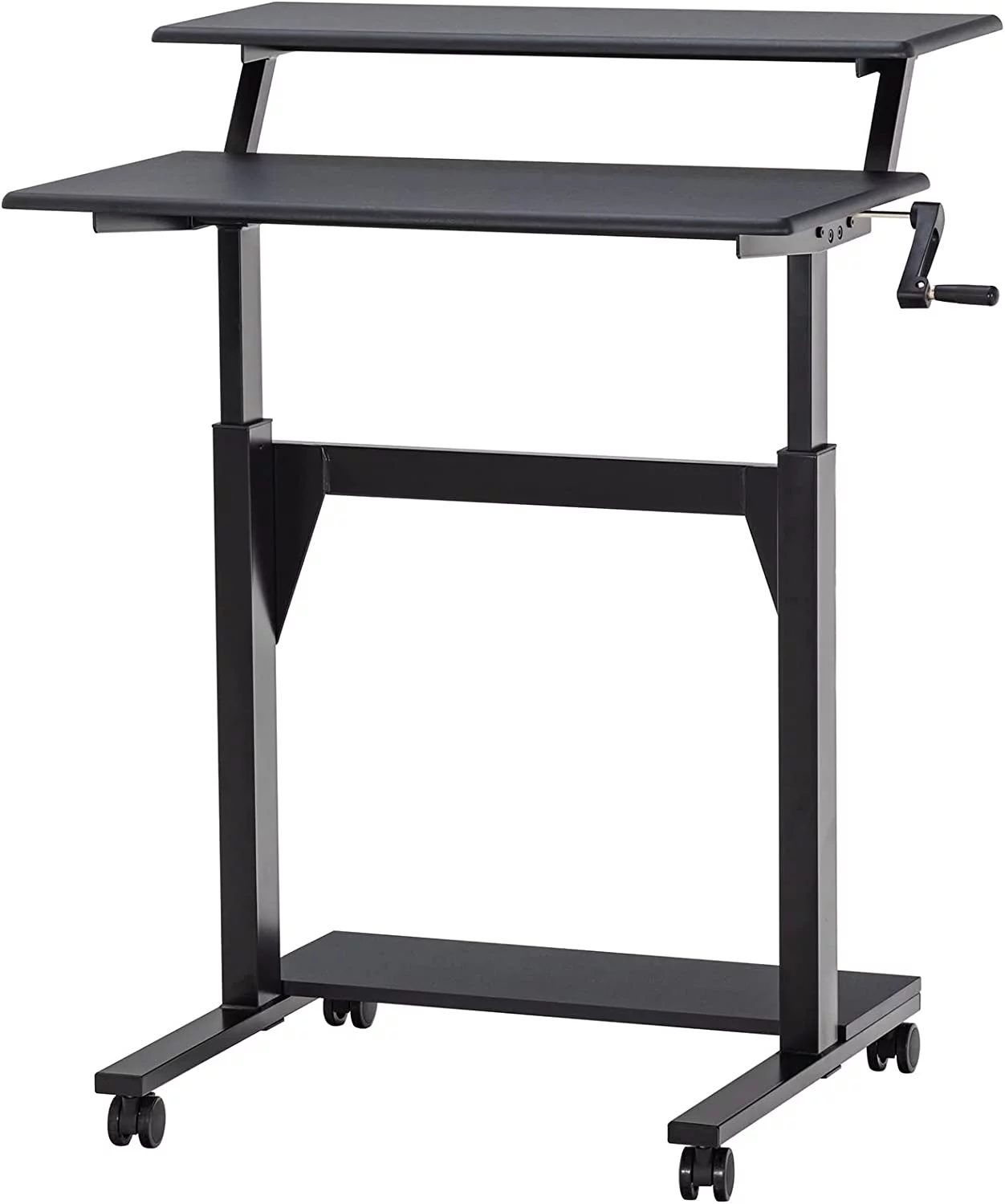 Crank Adjustable Height Standing Desk, 2 Tier Adjustable Sit To Stand Up Desk, Mobile Standing Desk, Rolling Table  (White Frame/Light Oak Top-2T-Crank)