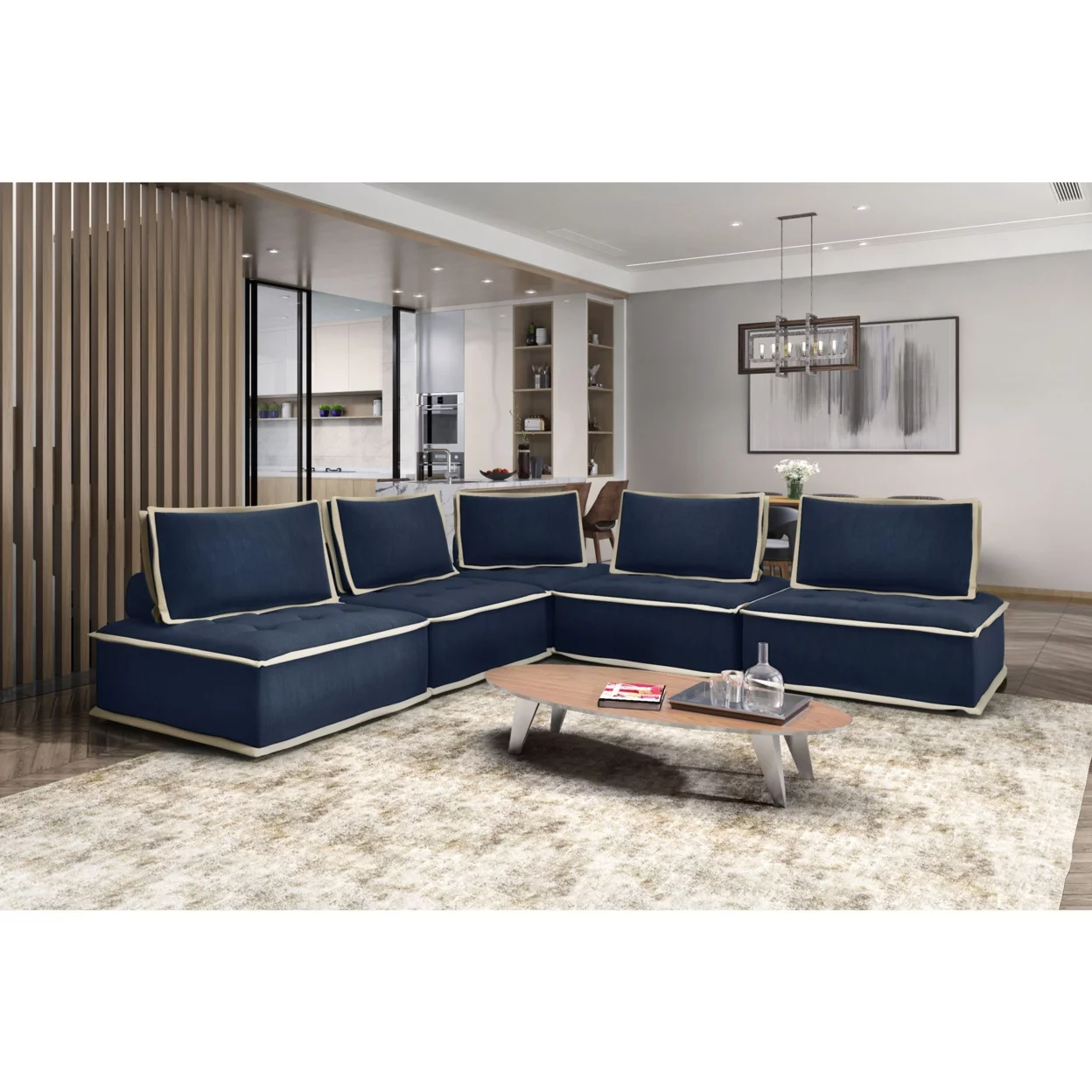 Pixie Navy Blue And Cream Fabric Modular Sectional Seating Armless Accent Chair