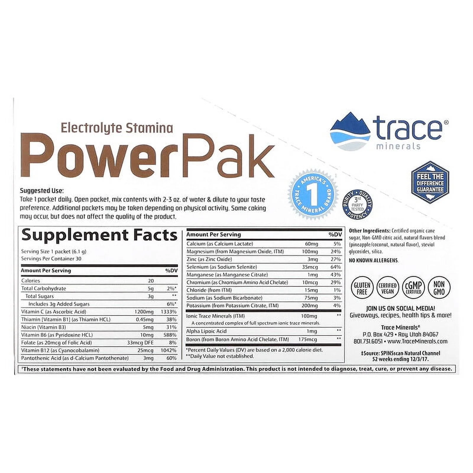 Trace Minerals ®, Electrolyte Stamina PowerPak, Pineapple Coconut, 30 Packets, 0.22 oz Each Pack of 2