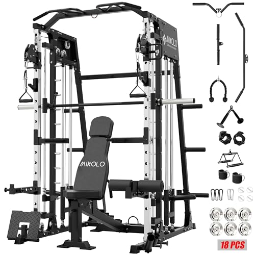 Mikolo Smith Machine, 2200lbs Squat Rack with LAT-Pull Down System & Cable Crossover Machine, Training Equipment with Leg Hold-Down Attachment