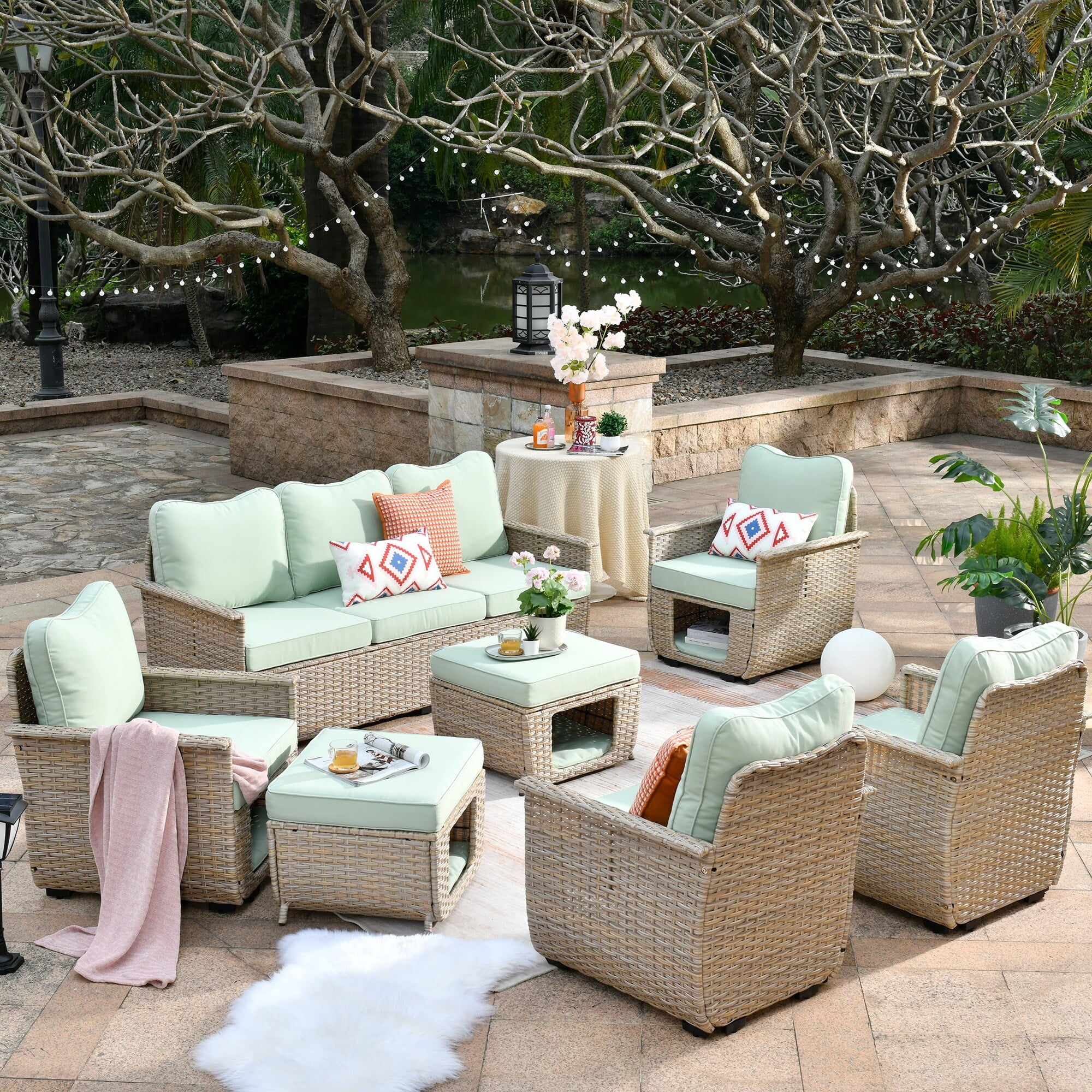 OVIOS  7-piece Patio Pet-Friendly Wicker Multi-function Furniture Green