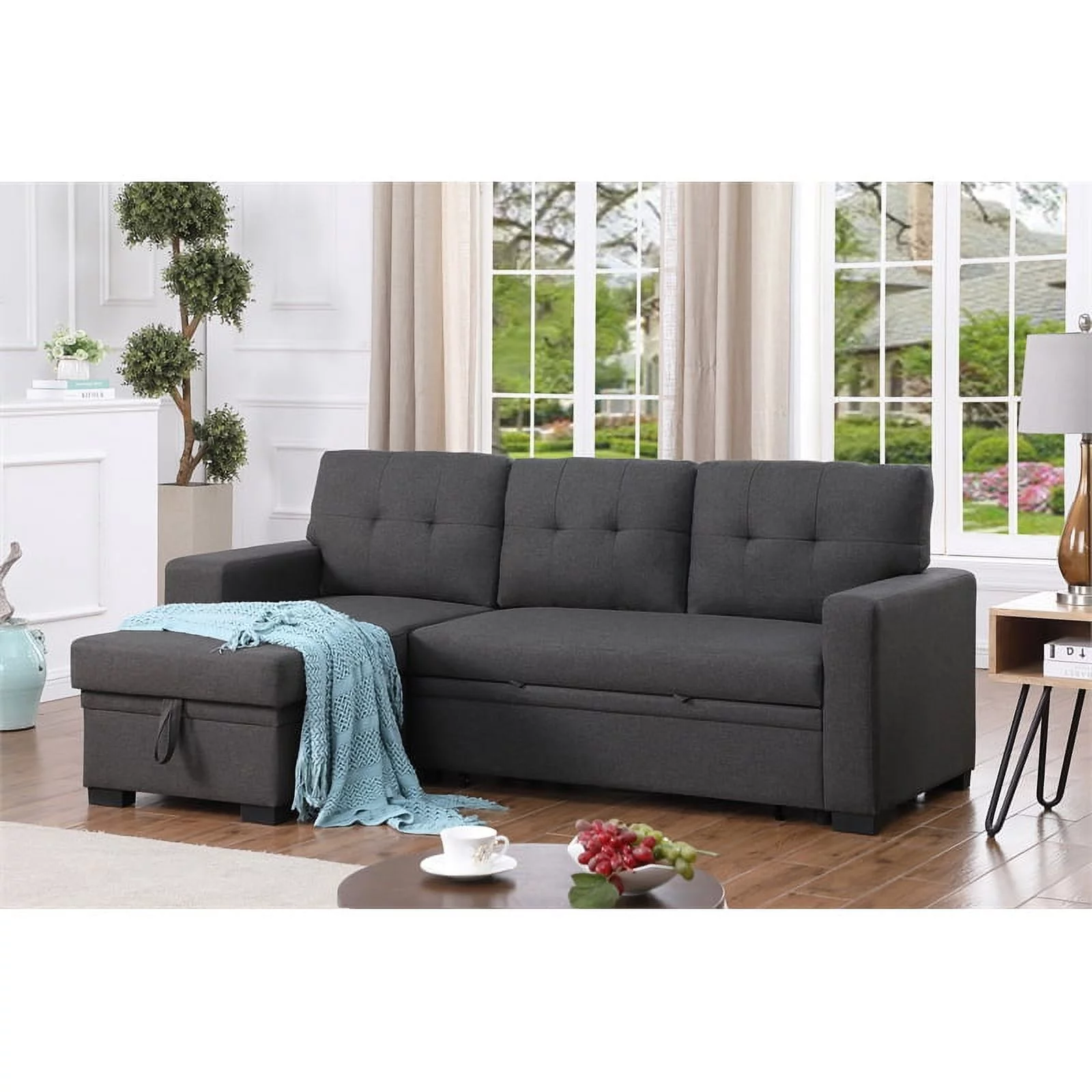Pemberly Row Fabric Reversible Side Compartment Sectional Sofa Bed - Dark Gray