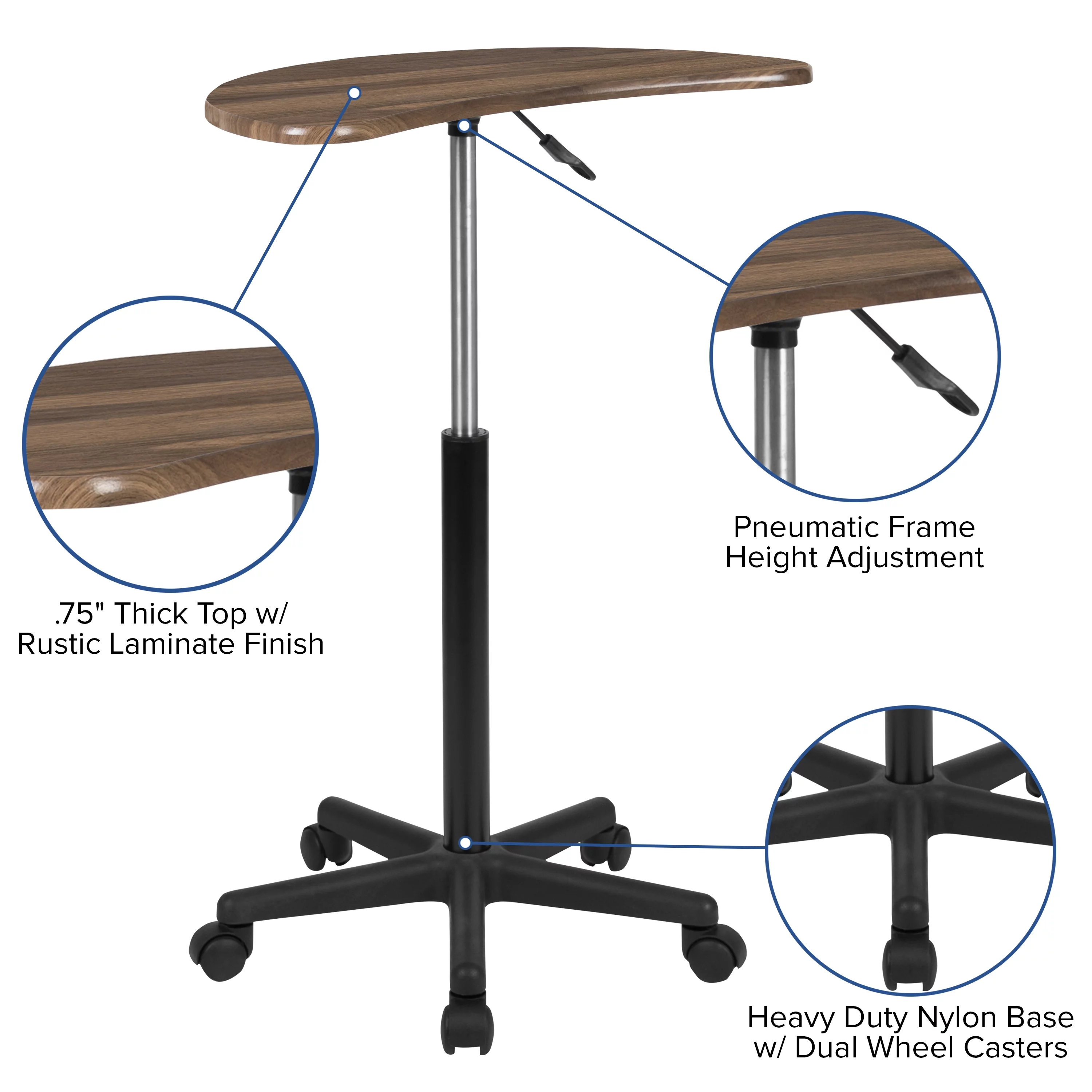 BizChair Rustic Walnut Sit to Stand Mobile Laptop Computer Desk