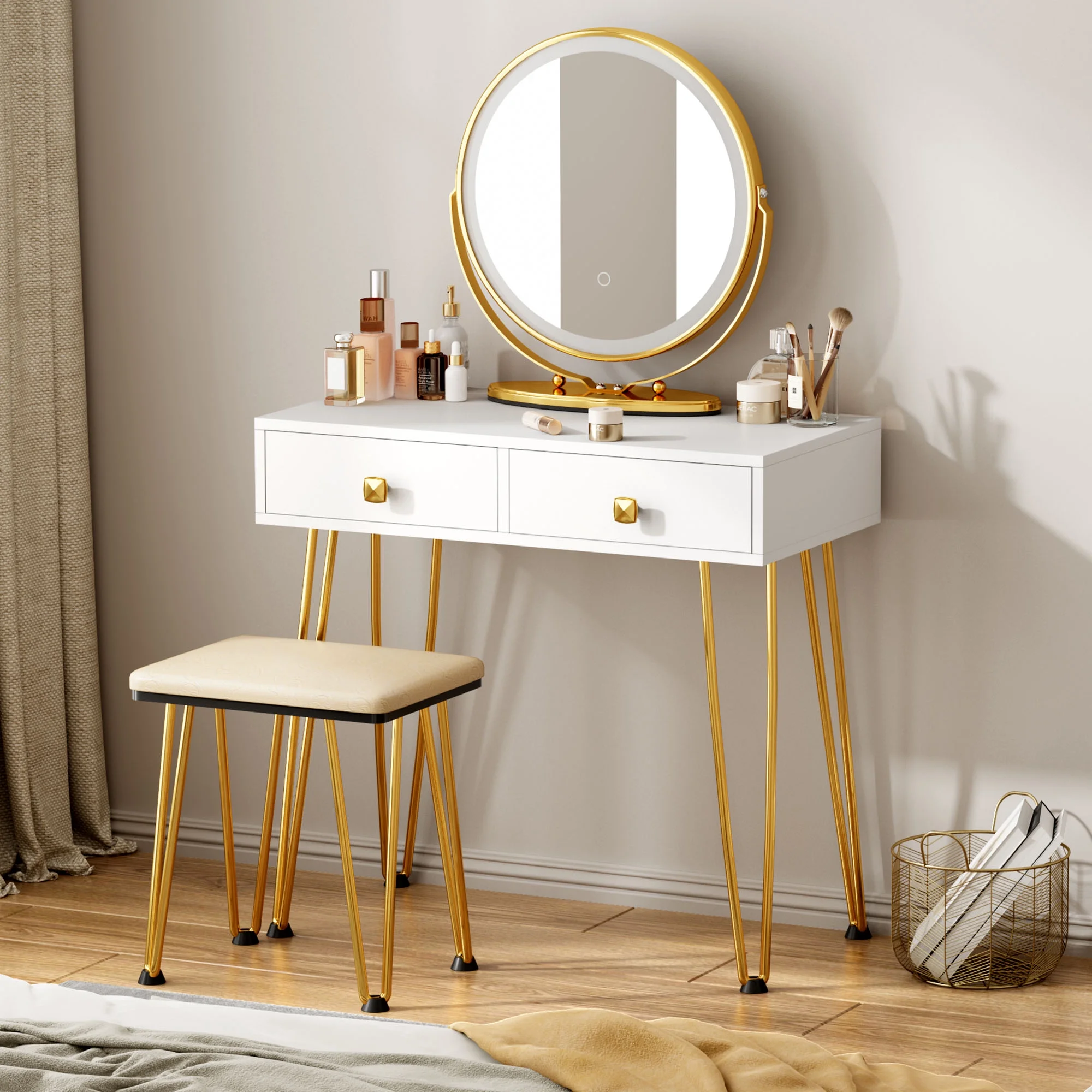 Soges Elegant White Vanity Dressing Table with Round Mirror - Perfect Holiday and Valentine's Day Gift, Fashionable Design, Solid Wood Frame - Stylish Makeup Vanity