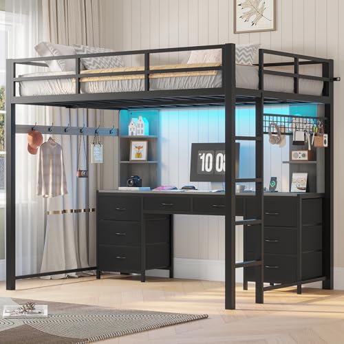 ADORNEVE Full Size Loft Bed with Desk and 8 Storage Drawers, Metal Loft Beds Full with LED Lights & Charging Sation, Heavy Duty Loft Bed Frame with 6 Storage Shelves, Space-Saving, Rustic Brown