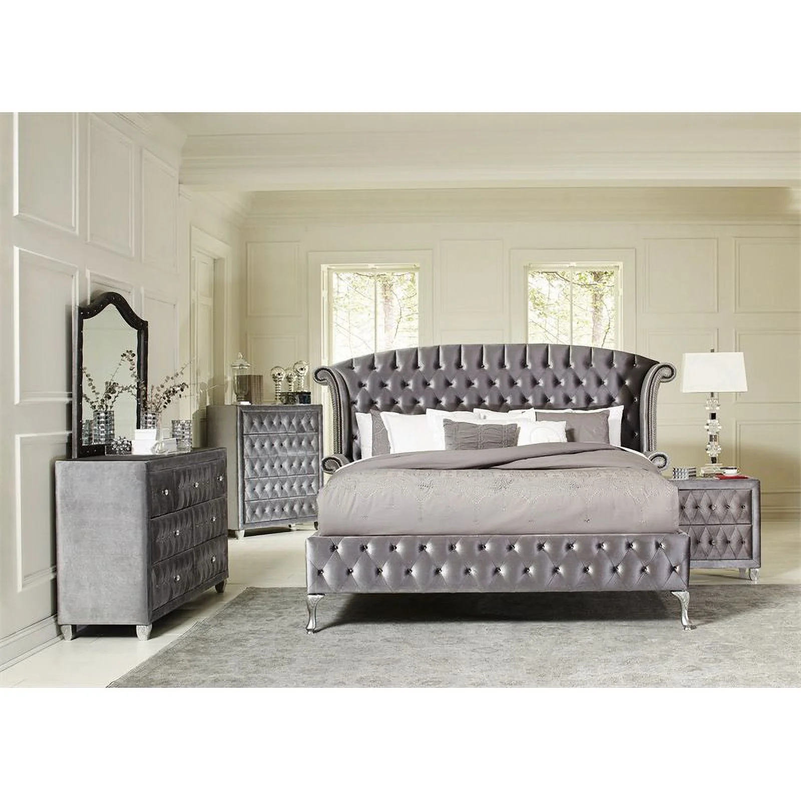 Maklaine 4-piece Queen Velvet Upholstered Tufted Bedroom Set in Gray